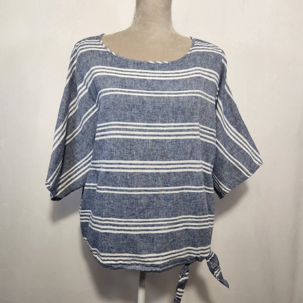 Beach Lunch Lounge Size Large Blue White Linen Blend Boxy Striped Side Tie Top - Picture 2 of 13